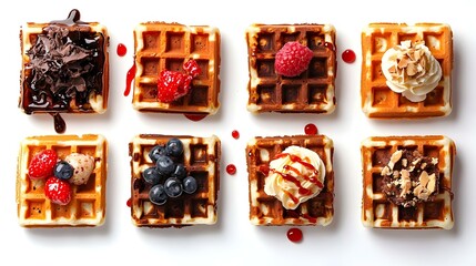 Waffles with Various Toppings isolated on white background