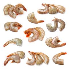 Fresh raw shrimps isolated on white, set