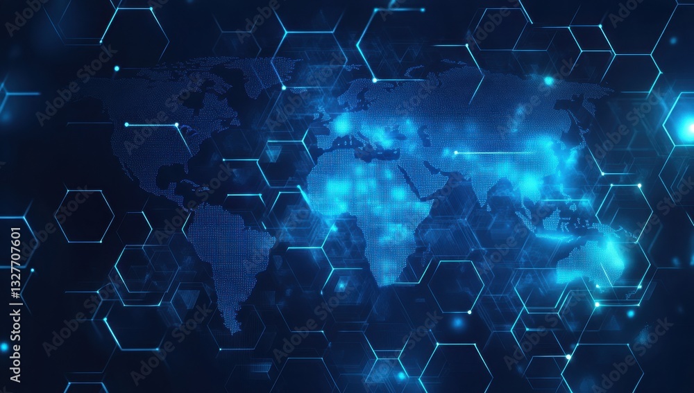 Poster abstract digital technology background with a blue world map and hexagon pattern, a concept of globa