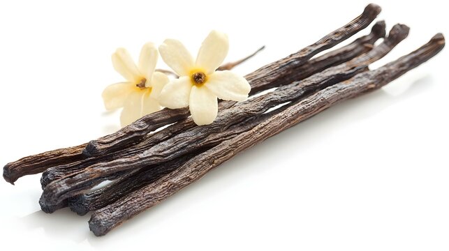 Polong Vanilla Kering dan Bunga terisolasi dengan latar belakang putih