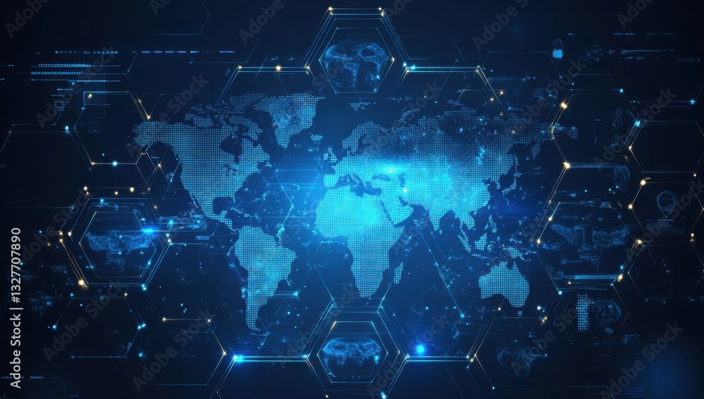 Poster abstract digital technology background with a blue world map and hexagon pattern, symbolizing global