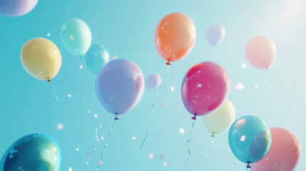 Fototapeta premium Vibrant colorful balloons floating in clear blue sky celebration mood