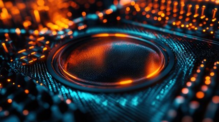 A high-tech car speaker with orange sound waves, a sound system concept, and a sound background. Motion blur, black and blue background. Audio system concept.