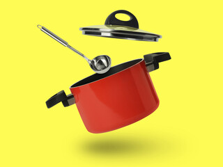 Fototapeta premium Saucepan and ladle in air on yellow background