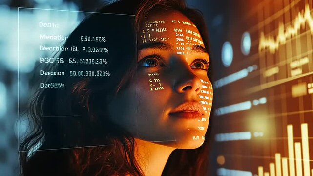 Portrait of a young woman with a laptop and binary code in a modern city, showcasing beauty, fashion, and futuristic elements with an artistic and expressive vibe