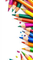 Fototapeta premium Colorful pencils arranged on white background with artistic scribbles