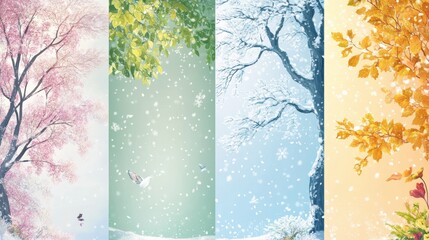 Vertical nature banners representing seasonal changes in Saint Petersburg with vibrant colors and unique tree designs Generative AI