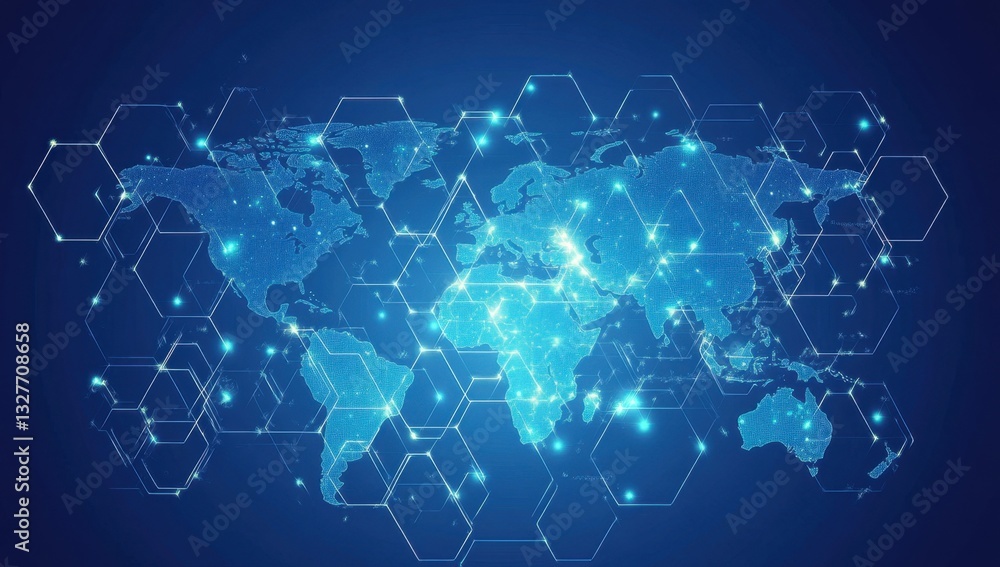 Poster abstract digital technology background with a blue world map and hexagon pattern for a global networ