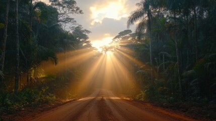 Obraz premium Sunbeams on a jungle road