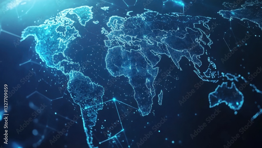 Poster abstract digital world map with blue color and hexagon background, technology concept for global net