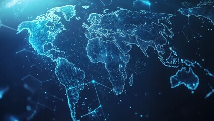 Abstract digital world map with blue color and hexagon background, technology concept for global network, big data or business online connection Generative AI