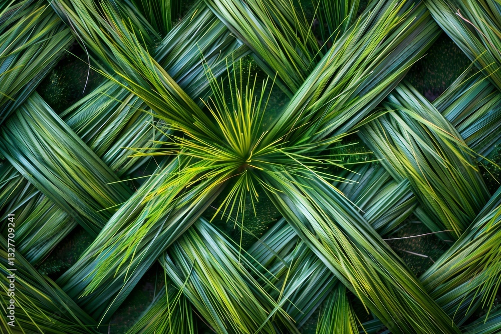 Poster a close-up view of green grass tufts interwoven in a crisscrossing pattern, creating a natural and t