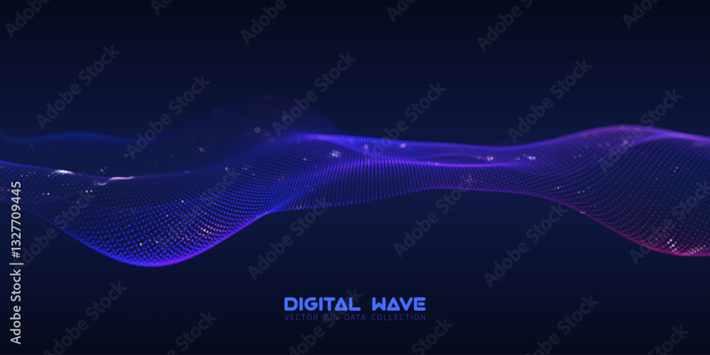 Poster abstract digital audio wave of particles with bokeh. futuristic ai technology. cyber data flow vecto