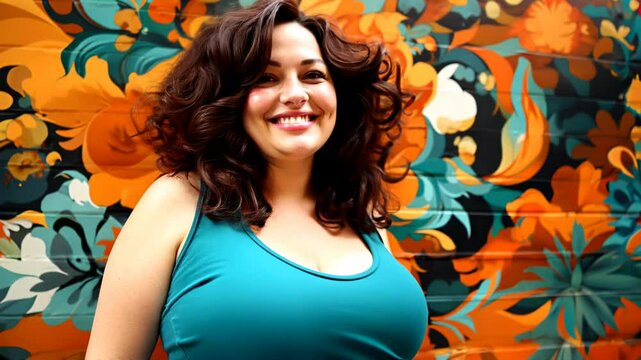 Beautiful voluptuous chubby woman with huge chest posing smiling	

