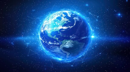 Planet Earth in digital form on technology background, blue glowing lights, network connections, global connectivity, futuristic tech concept