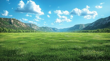 Obraz premium Lush green meadow stretches between mountains under a vibrant blue sky