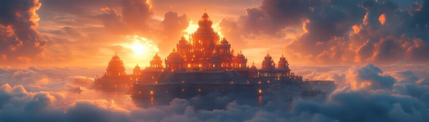 Fototapeta premium a majestic castle floating above the clouds at sunset, bathed in golden light. The castle's intricate architecture is silhouetted against the vibrant sky