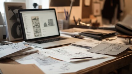 Obraz premium Creative Workspace: Laptop, Sketches, and Design Inspiration