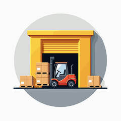 Colorful forklift unloading boxes at yellow warehouse door, logistics efficiency
