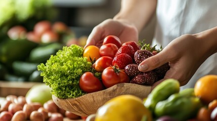Fototapeta premium Vibrant Fresh Produce in Wooden Bowl, Healthy Eating Concept