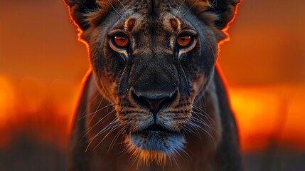 Close up of regal lioness golden fur sharp amber eyes and a powerful yet calm expression A blurred savanna sunset background enhances her beauty