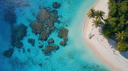 Idyllic coral beach with turquoise waters, a towering palm tree leaning over the shore, soft sand and clear skies, with vibrant coral reefs in the shallow water