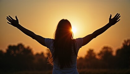 Fototapeta premium Artistic silhouette of a person with outstretched arms in prayer, framed by the sun setting behind trees 
