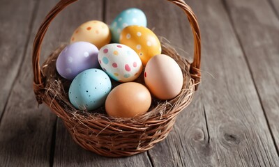 Colorful decorative eggs arranged in a wicker basket on a wooden table for a spring celebration