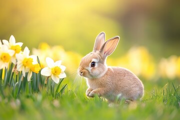 Adorable Baby Bunny in Spring Meadow with Daffodils