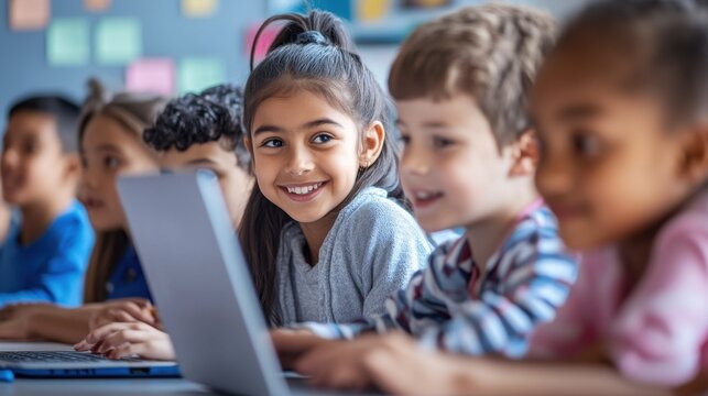 Happy diverse junior school children students gathered at teacher table looking at laptop computer using online software learning web education technology studying together at math class in classroom