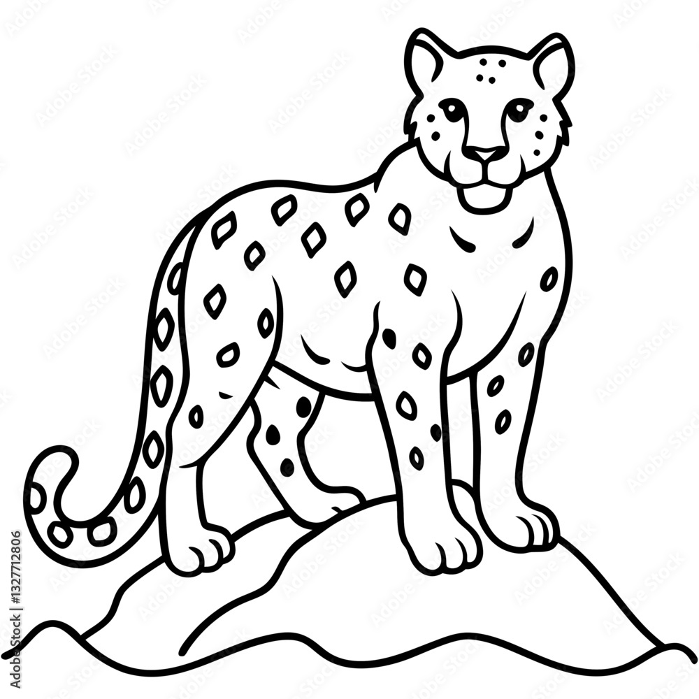 Poster a monochrome illustration of a leopard standing on a rock. the leopard is depicted with a spotted co