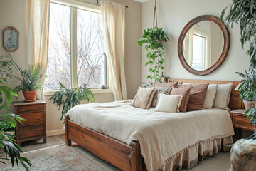 Modern Bedroom Interior Design Featuring Neutral Tones, Cozy Textiles, Natural Light, and Minimalist Wooden Furniture, Creating a Serene and Comfortable Space Perfect for Contemporary Living