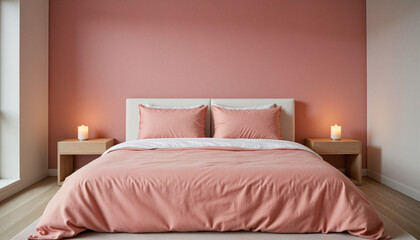 Romantic bedroom with Transcendent Pink accents, minimalist design, serene ambiance