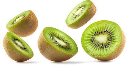 Fototapeta premium Fresh Kiwi Fruit Slices Falling Isolated on White Background