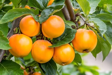 Juicy Golden Apples Hanging on Tree Branch