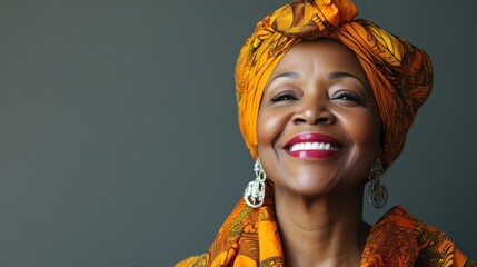Portrait of cheerful african mature woman with headscarf against grey wall. Middle aged black woman laughing, copy space. Happy smiling black lady wearing traditional african scarf and looking at cam
