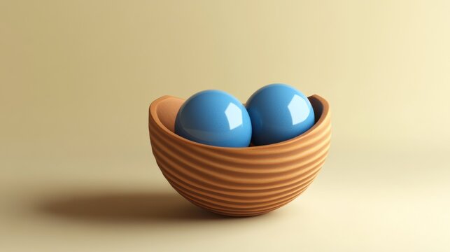 Two Blue Spheres Nestled in a Wooden Bowl Minimalist Design for Art Decor and Conceptual Pro