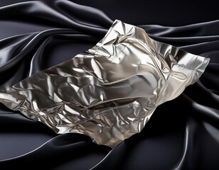 A single wrinkled sheet of metallic foil paper curled at the edges placed on a dark velvet cloth