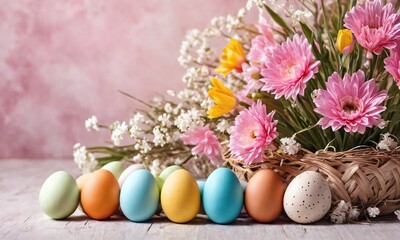 Colorful decorative eggs arranged next to a floral arrangement for spring celebration