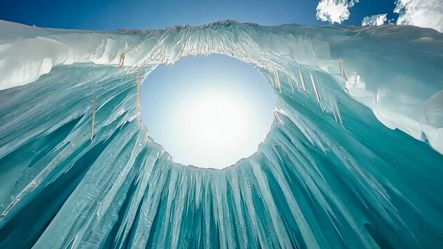 Stunning Ice Cave Formation: A Celestial Window in Winter Wonderland