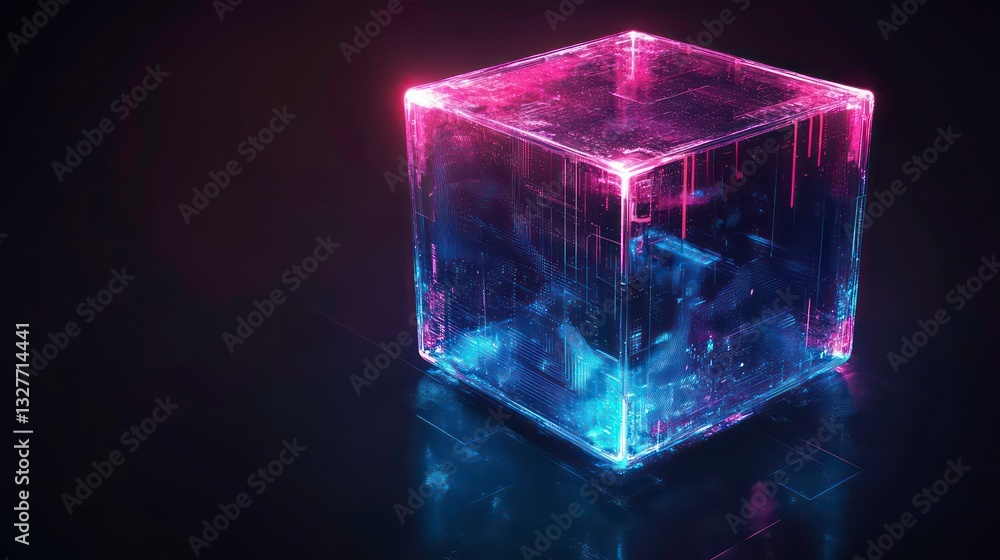 Poster 3d holographic cube with dynamic data streams and vibrant neon lights, representing digital innovati