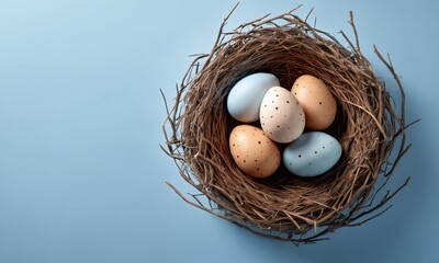 Colorful decorated eggs in a rustic nest on a blue background for spring celebrations and festivities