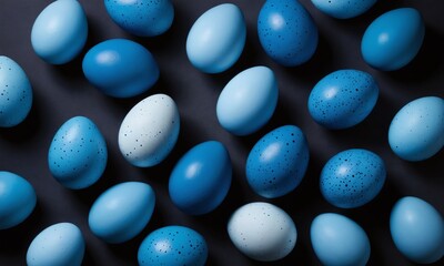 Creative display of various blue decorative eggs arranged artistically on a dark surface for festive celebration