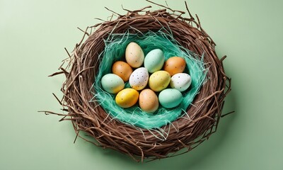 Fototapeta premium Colorful decorative eggs arranged in a bird nest on a green background for spring celebrations and Easter festivities