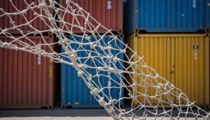 Frayed cargo net draped over a blurred background of colorful shipping containers, symbolizing global supply chain disruption