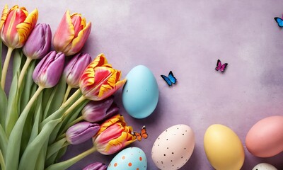 Fototapeta premium Colorful spring flowers and decorative eggs create a festive atmosphere for Easter celebrations