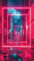 Neon Rain Alley: A Glowing Urban Perspective in a Rainy Night