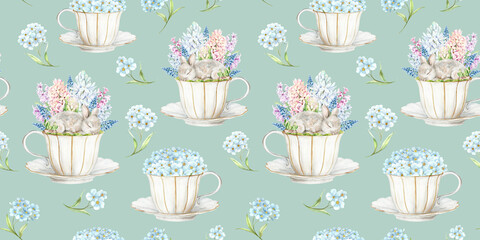 A cute sleeping rabbit in a white porcelain cup with hyacinths, mimosa and quail eggs on a white background. The illustration is hand drawn in watercolor. Ideal for textiles, packaging and design.