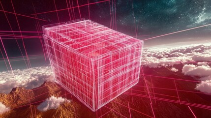 Intricate Digital Cube in a Futuristic Landscape. A mesmerizing wireframe cube in a vibrant digital space.