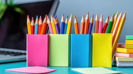 Fototapeta premium Colorful pencils in holders on desk with laptop and sticky notes.
